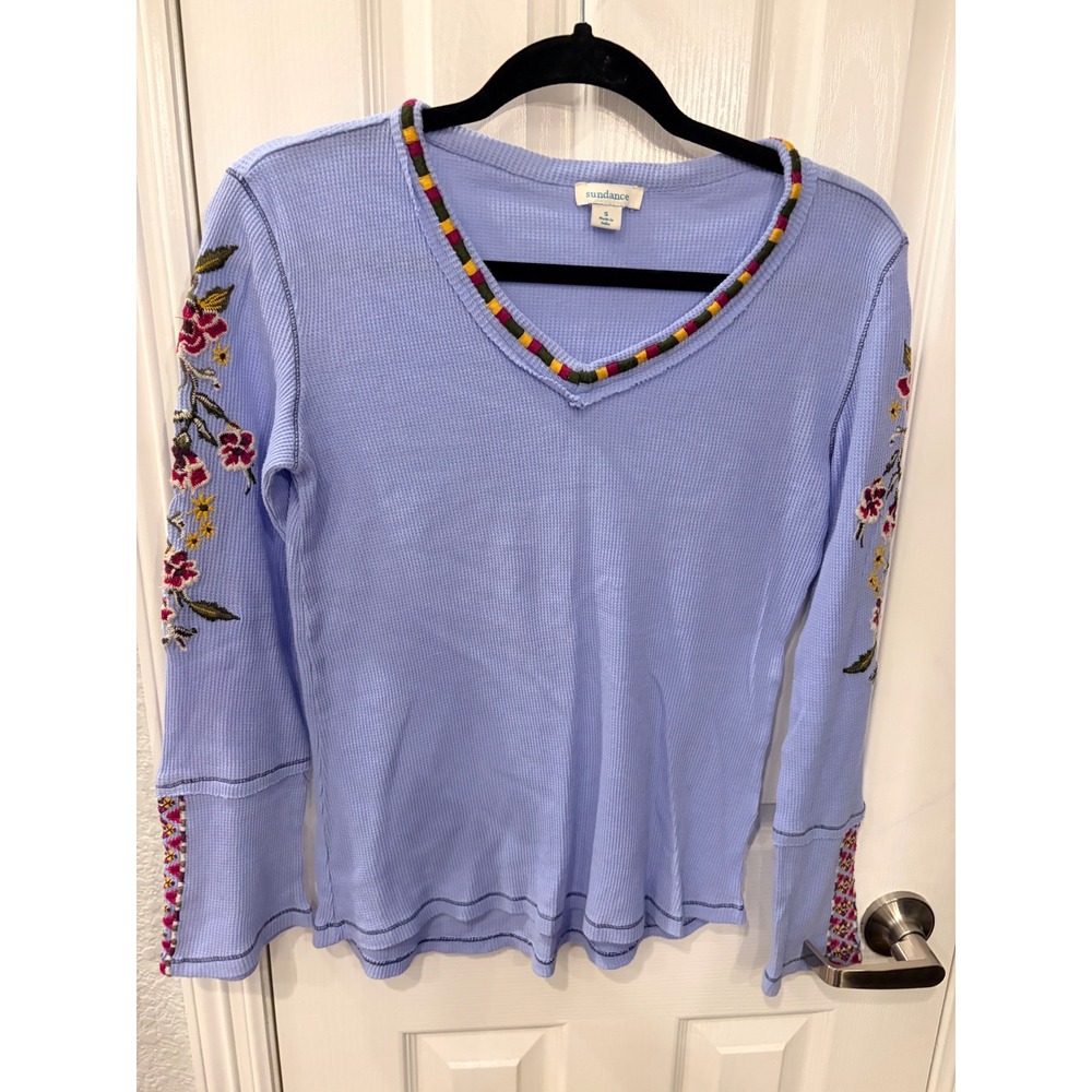 Sundance Thermal Top Blue Floral Embroidered V-Neck Waffle Knit Cotton Boho S